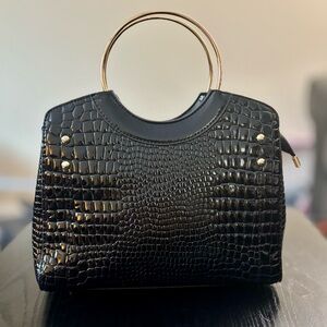 Elegant Black Croc-Embossed Handbag with Gold Accents
